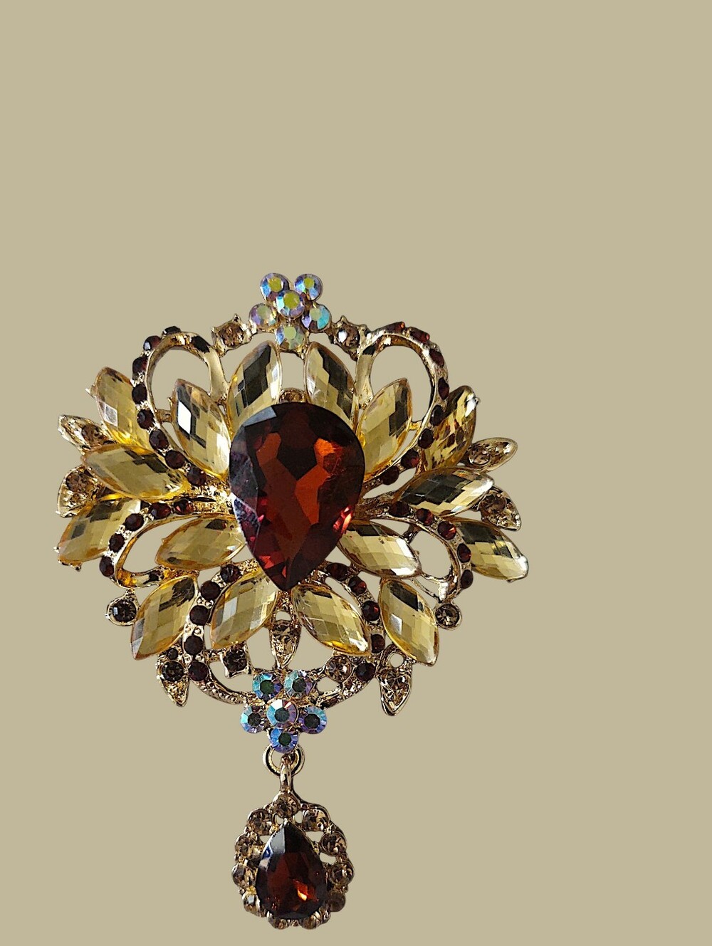 Amber Crystal Teardrop Brooch